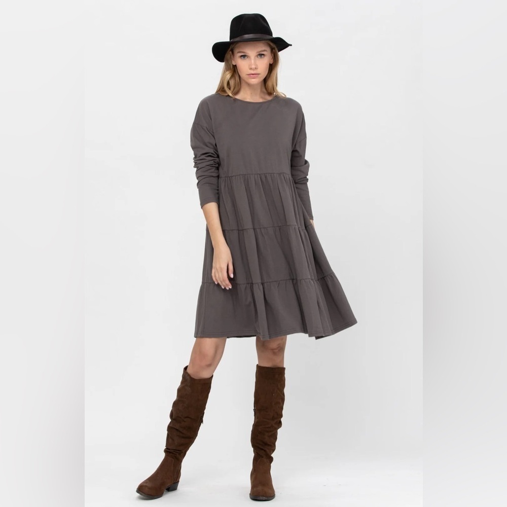 Roly Poly Women’s Gray Long Sleeve 3 Tiered Cotton Mini Dress Size Small
